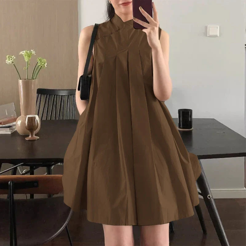 Mandarin Collar Pleated Sundress Women Sleeveless A Line