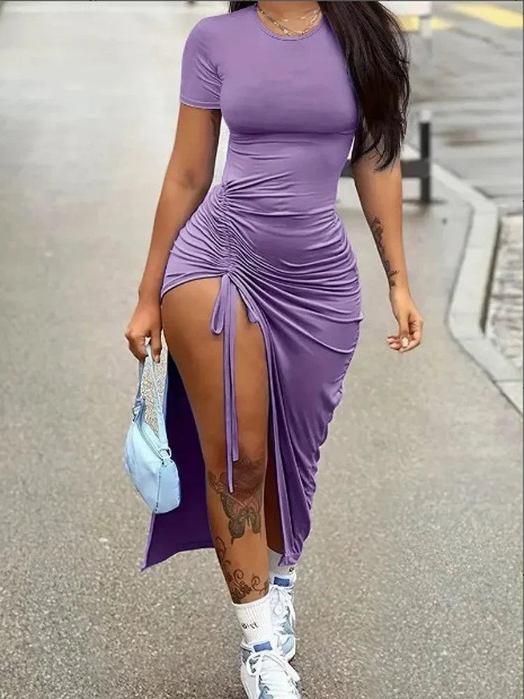 Pleated Short Sleeve Bandage Bodycon Dress For Women Mini