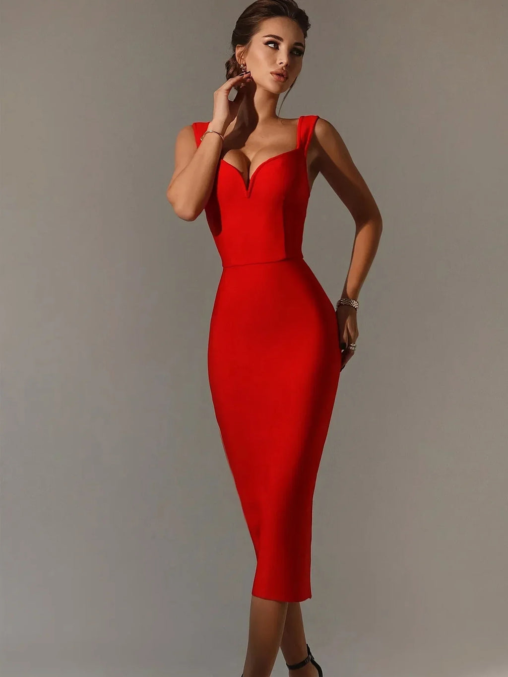 Red Midi Bandage Dress Bodycon Evening Party Gown Outfit