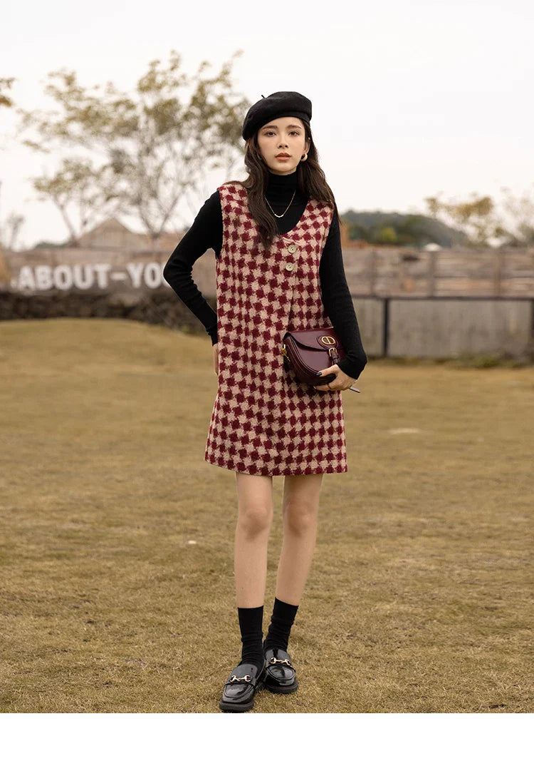 Plaid Vest Dress Aline Woolen Sleeveless Vneck Chic