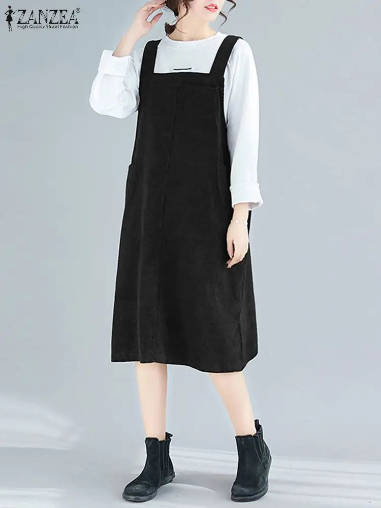 Corduroy Overalls Dress Women With Pockets Sundress