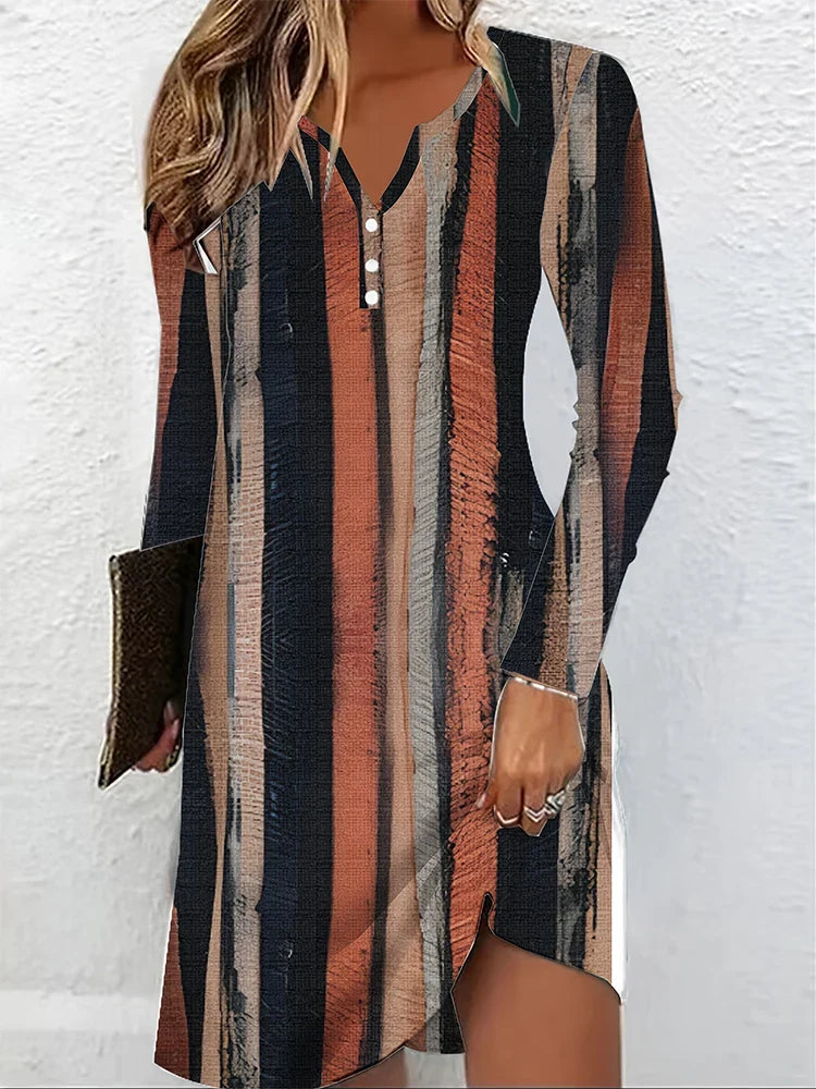 Women's Striped V-Neck Dress With Button Irregular Detail