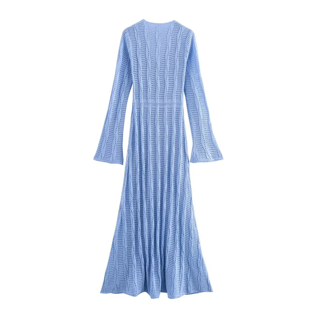 Blue Knit Beach Maxi Dress V Neck Long Sleeve Sheer