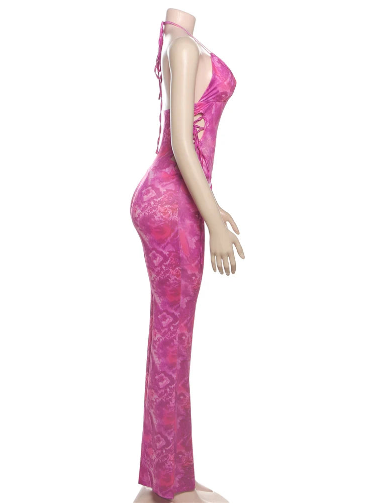 Backless Tie-Dye Side Shirring Jumpsuit for Women Sleeveless Skinny Overalls Sexy Clubwear and Workout Midnight Party Outfit