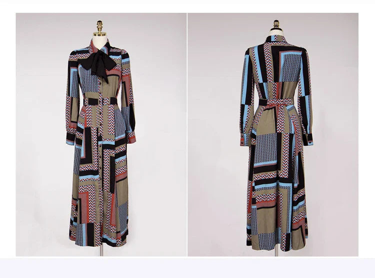Vintage Print Long Shirt Dress For Women Ankle Length