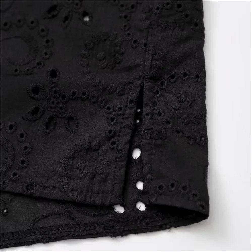 Women's Autumn Hollow Embroidery Poplin Lapel Single Breasted Shirt Stylish Slim Fit Office Casual Blouse