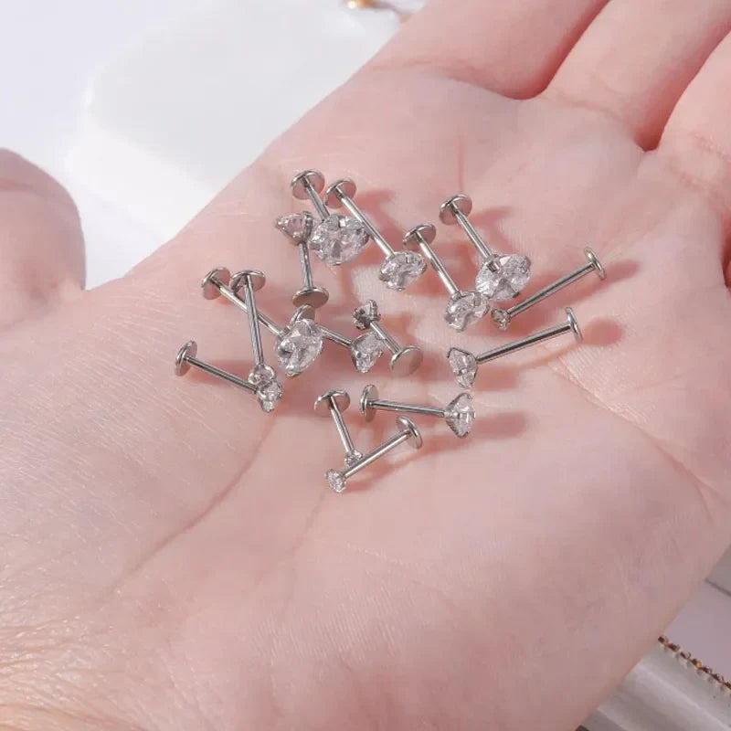 10Pcs 16G Stainless Steel Labret Lip Studs Set with CZ Crystal for Ear Cartilage and Tragus Piercings