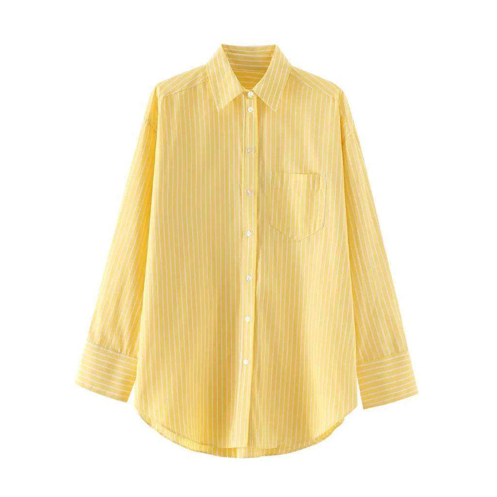 Casual Women Striped Butter Yellow Shirt Vintage Thin Fabric Turn-Down Collar Single Breasted Button-Up Top