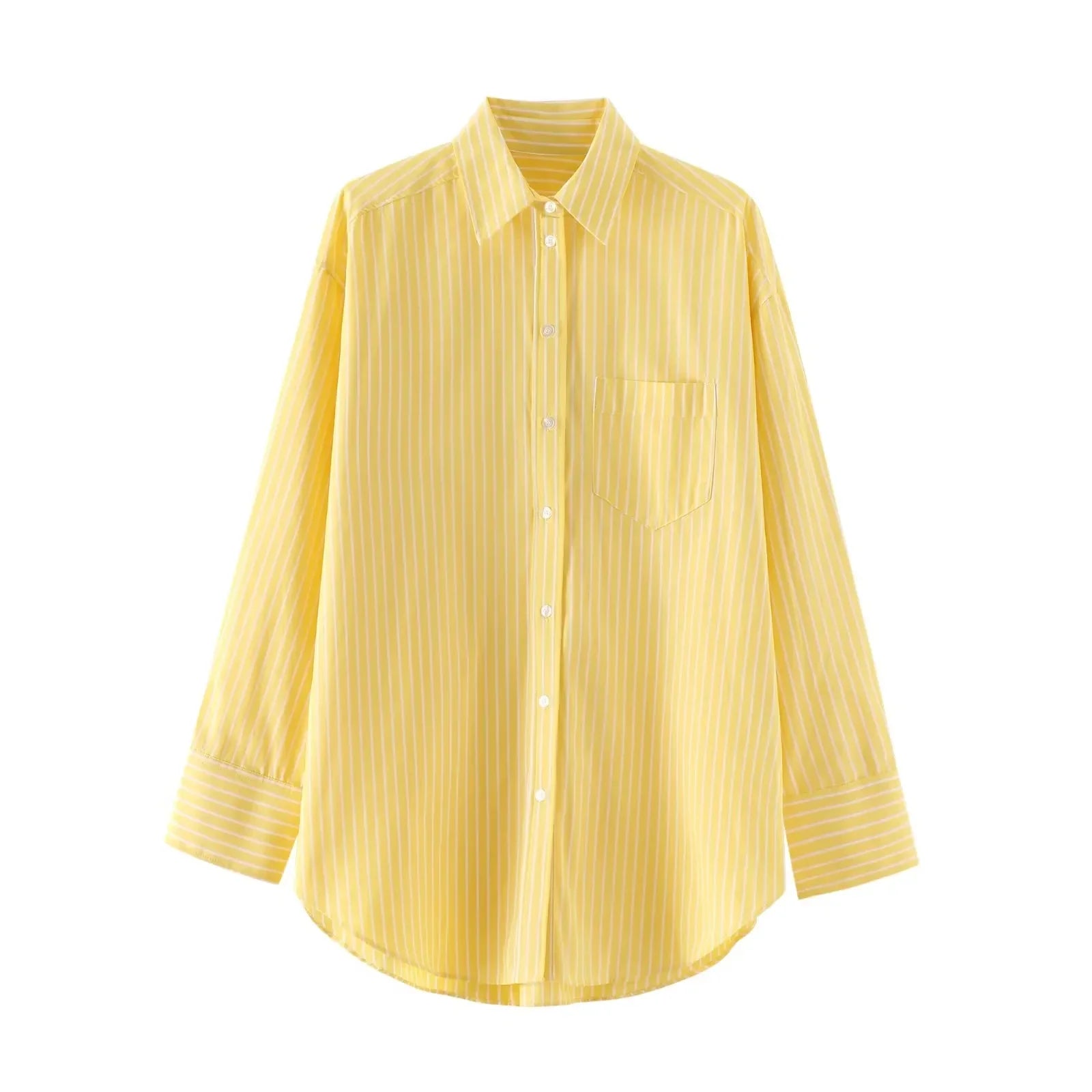 Casual Women Striped Butter Yellow Shirt Vintage Thin Fabric Turn-Down Collar Single Breasted Button-Up Top