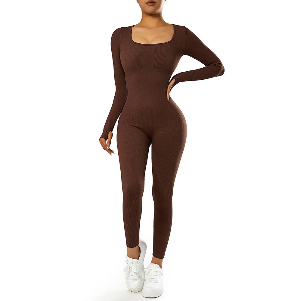 Bodycon Slim Fit Zipper Jumpsuit for Women Casual Brown Fitness Romper Streetwear Playsuit Overall