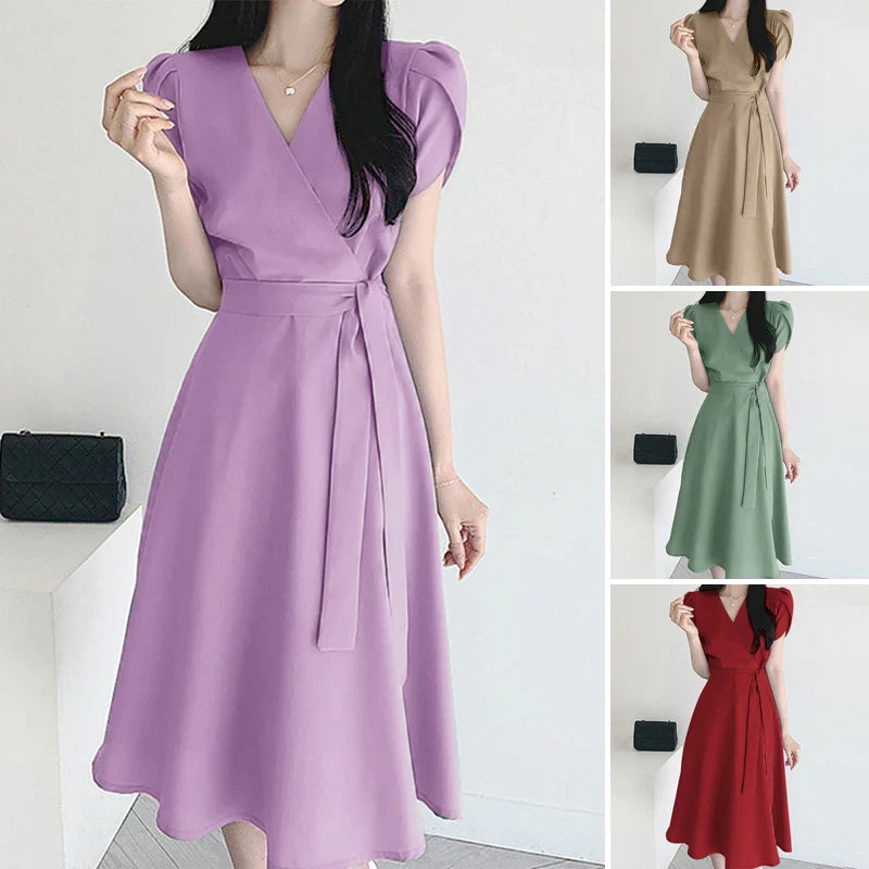 V Neck Midi Dress For Women Solid Cap Sleeve A Line
