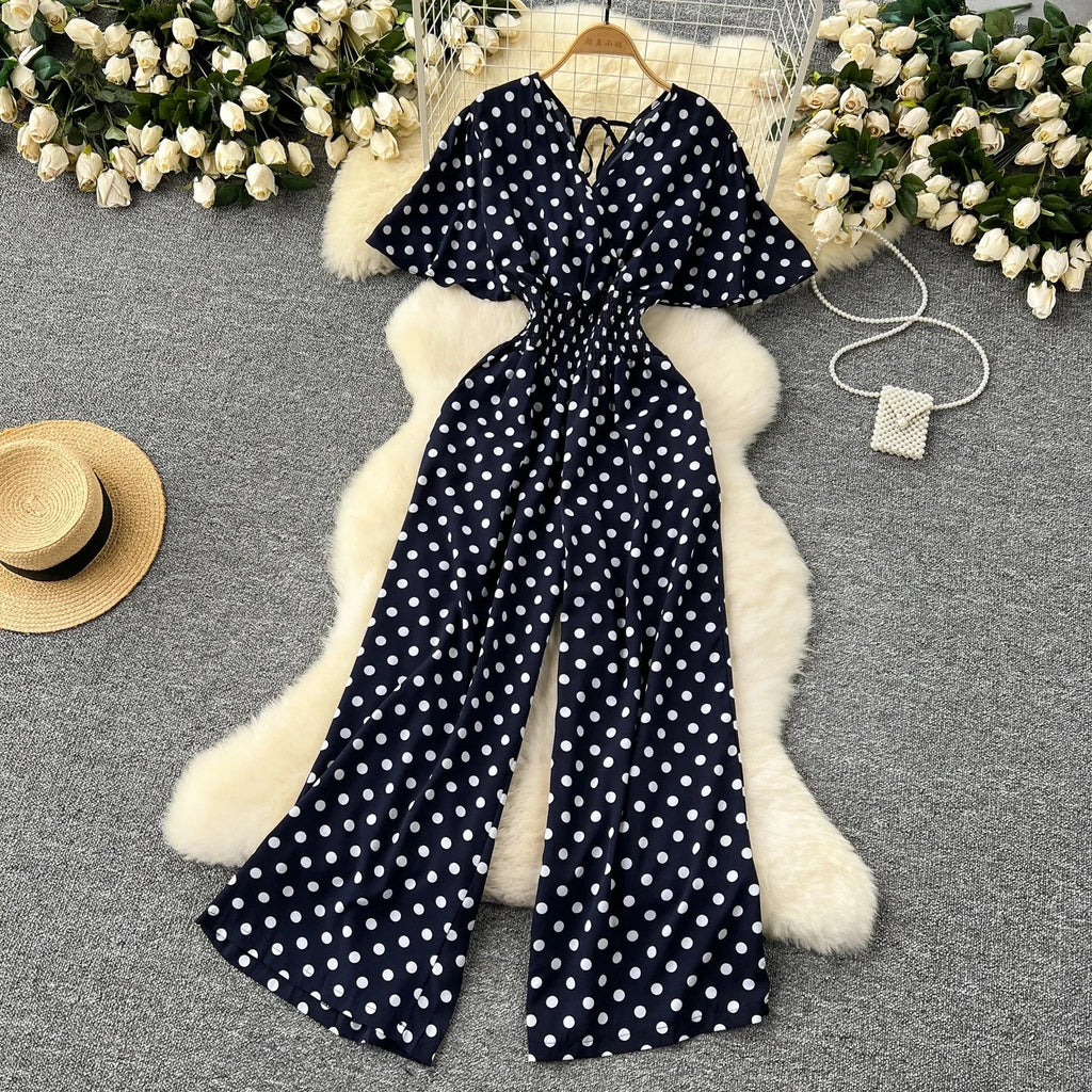 Elegant Polka Dot Romper for Women V-Neck Short Sleeve High Waist Wide Leg Jumpsuit Loose Fit Summer Playsuit
