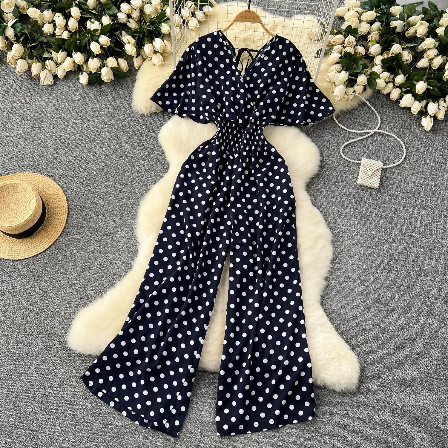 Elegant Polka Dot Romper for Women V-Neck Short Sleeve High Waist Wide Leg Jumpsuit Loose Fit Summer Playsuit