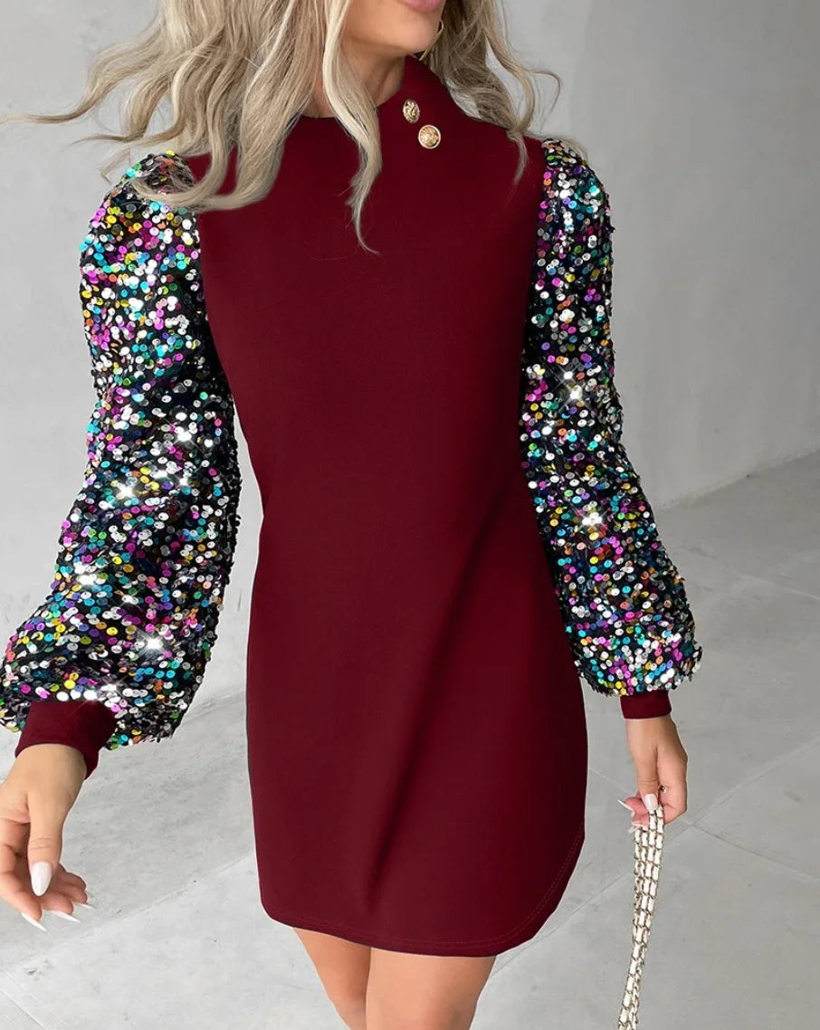 Black Lace Lantern Sleeve Dress For Women Mini Party Dress