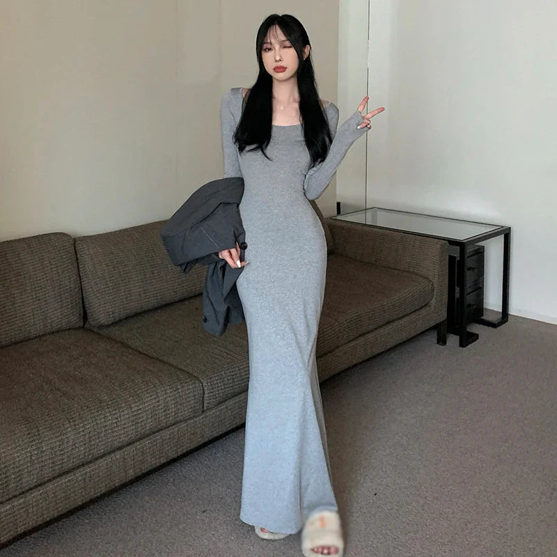 Korean Style Square Neck Wrap Dress With Fishtail Hem