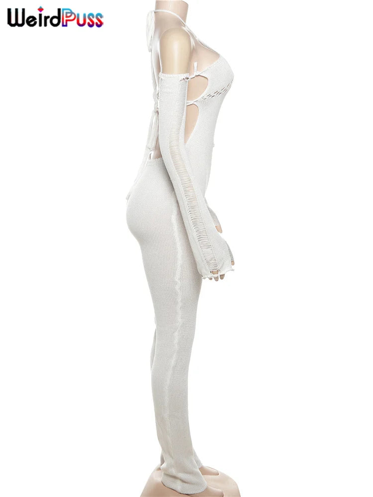 Weird Puss Bandage Knit Halter Jumpsuit with Gloves Women Stretch Sexy Backless Hollow Skinny Street Style Stacked Workout Overalls