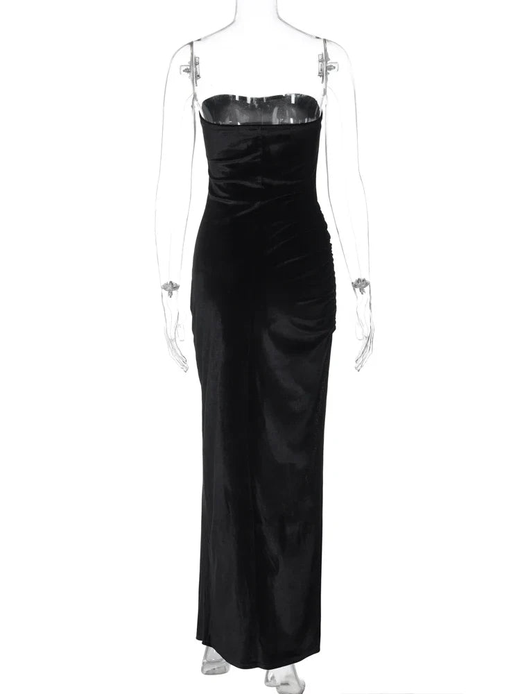 Velvet Strapless Maxi Dress for Women Elegant Clubwear