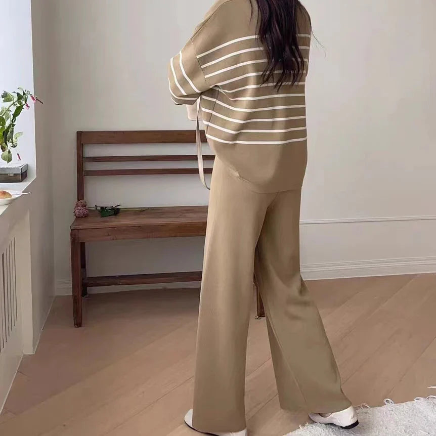 Women's Winter Sweater Set with Stripe Knit Pullover and Wide Leg Pants for Casual Elegance