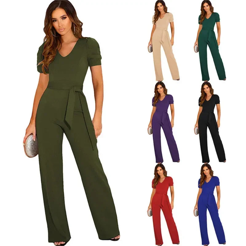 Strap Waist Wrapped Jumpsuit for Women V Neck Short Sleeve Wide Leg Long Pants Solid Color Summer Style