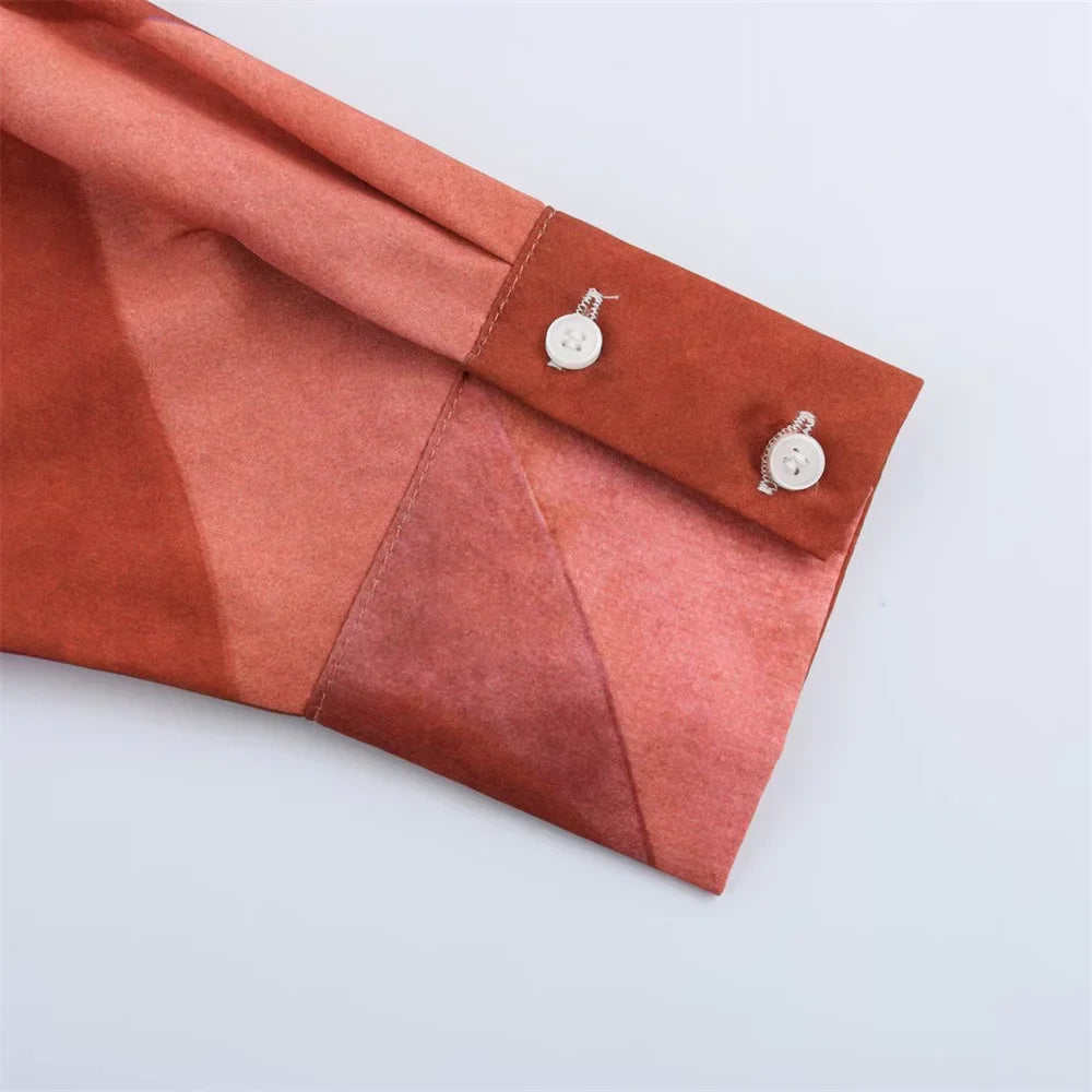 Spring Collar Long Sleeve Single Breasted Women's Casual Shirt with Geometric Print and Silk Texture