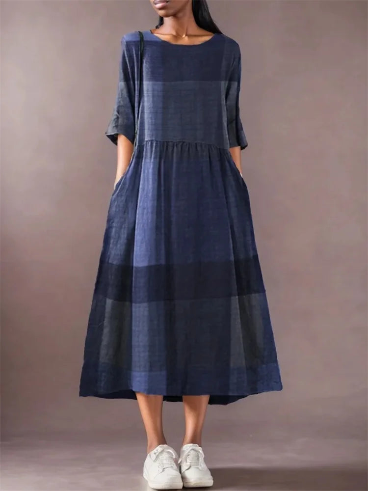 Cotton Linen Dress Plaid Midi With Side Pockets O Neck