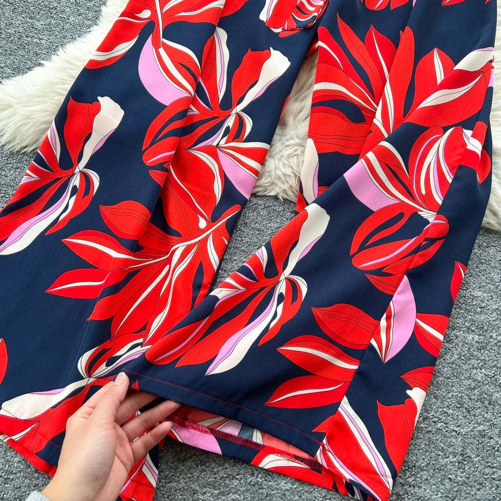 Women's Summer V-Neck Short Sleeve Lace-Up Waist Slim Fit Wide-Leg Printed Jumpsuit with Loose Straight Leg Design