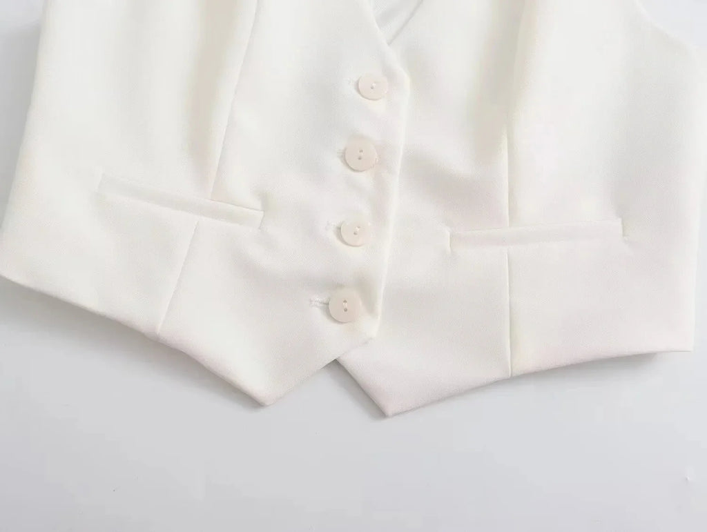 Casual Solid Color V Neck Sleeveless Single Breasted Vest With Elegant Mid Waist Wide Leg Pants Set