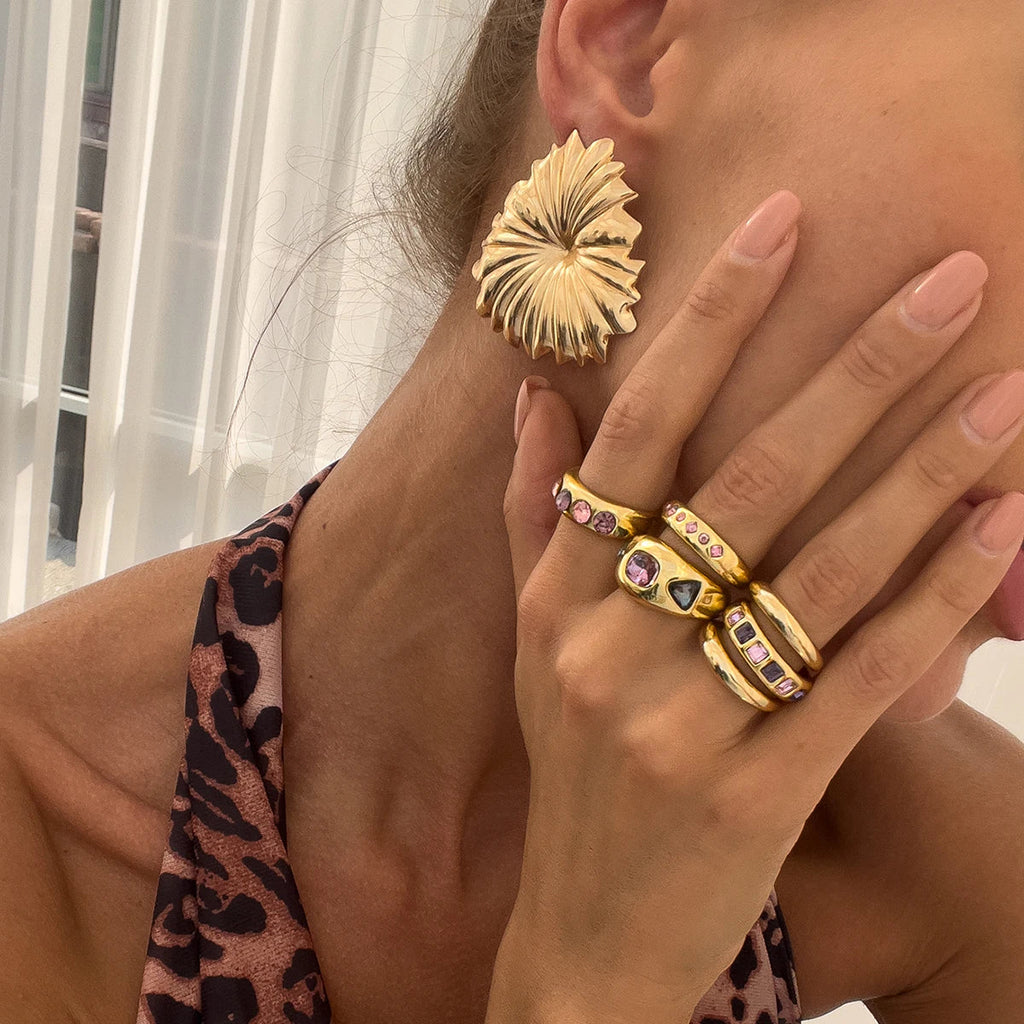 Adjustable Purple Zircon Inlaid Gold Color Ring Set for Women - 6 Piece Fashion Jewelry Collection