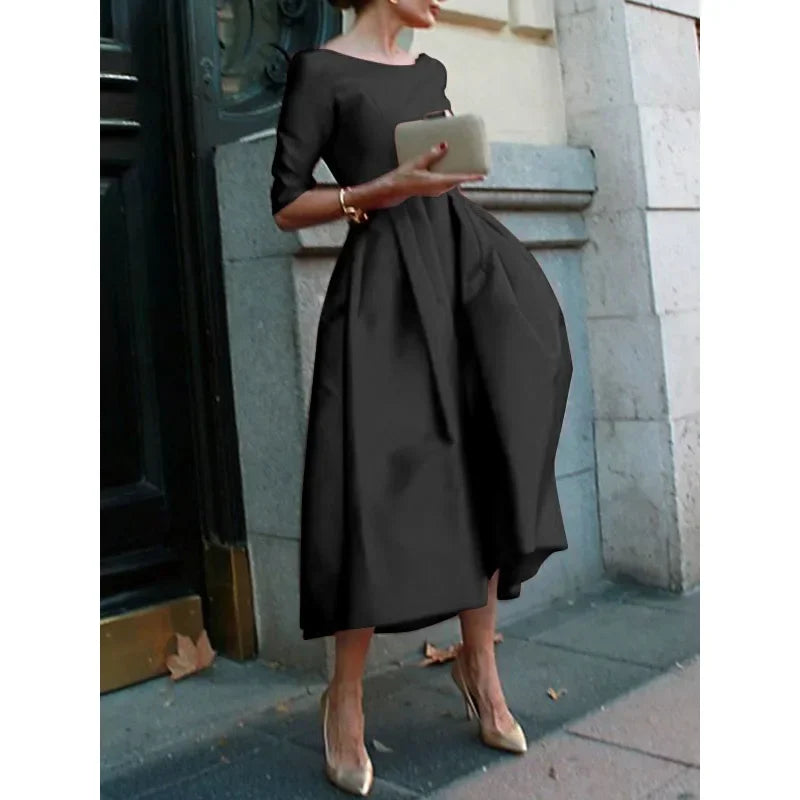 Elegant Banquet Evening Midi Dress Pleated Solid Color