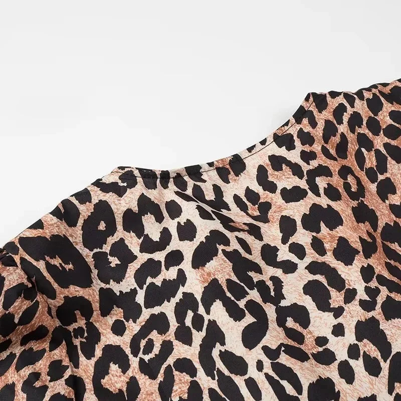 Women's Leopard Print Lace-Up Vintage Blouse Casual Loose Fit Y2K Chic Shirt