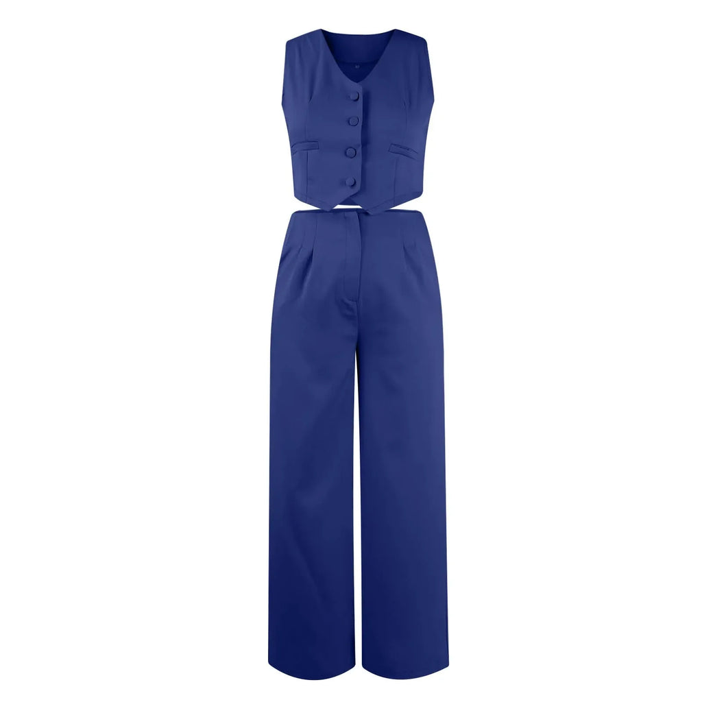 Sleeveless V-Neck Vest and Wide Leg Pants Suit for Women