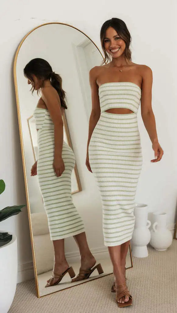 Strapless Backless Tube Dress Patchwork Striped Long Dress
