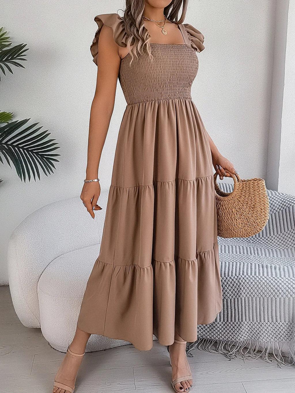 Square Neck Maxi Dress for Women Solid Summer Color