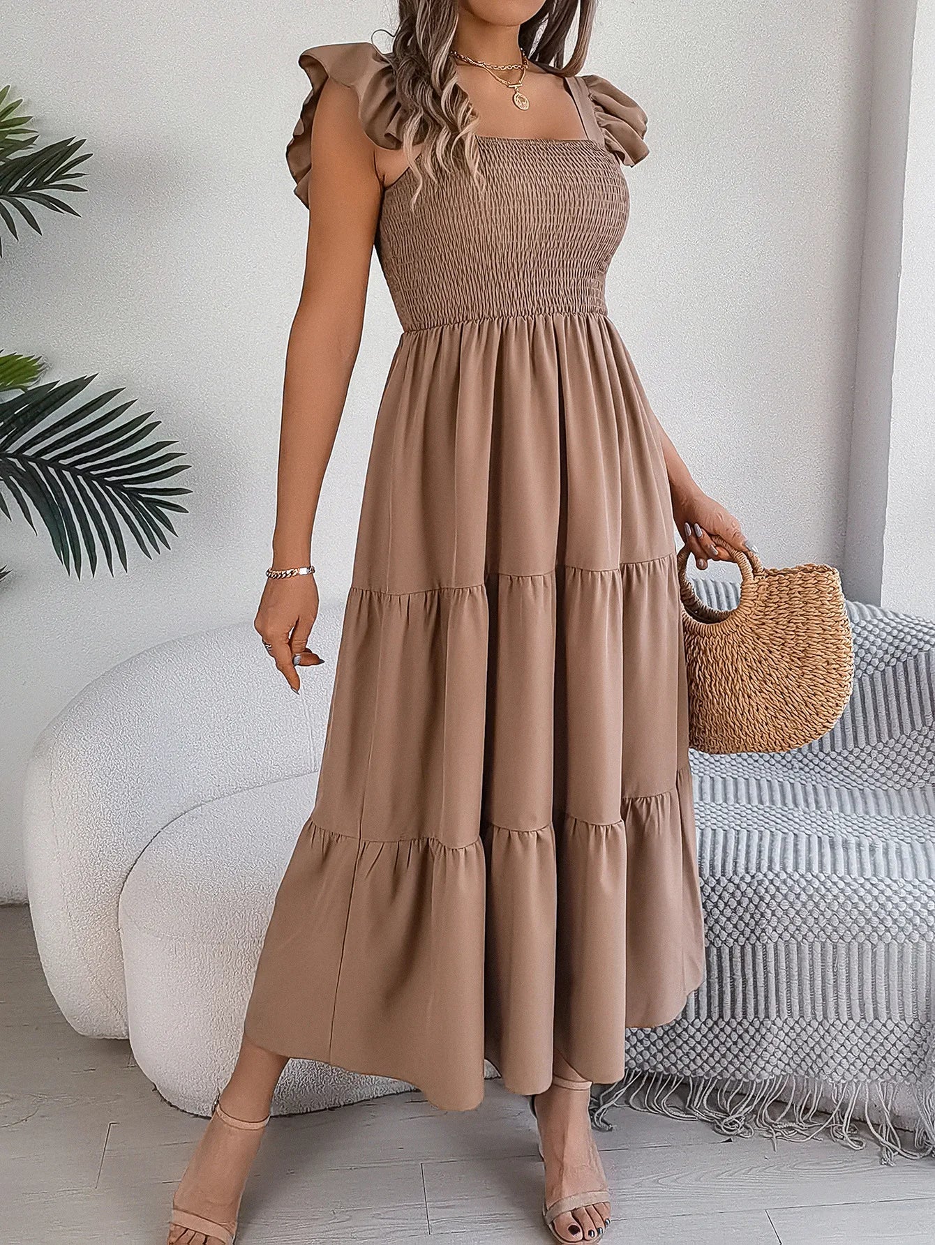 Square Neck Maxi Dress for Women Solid Summer Color