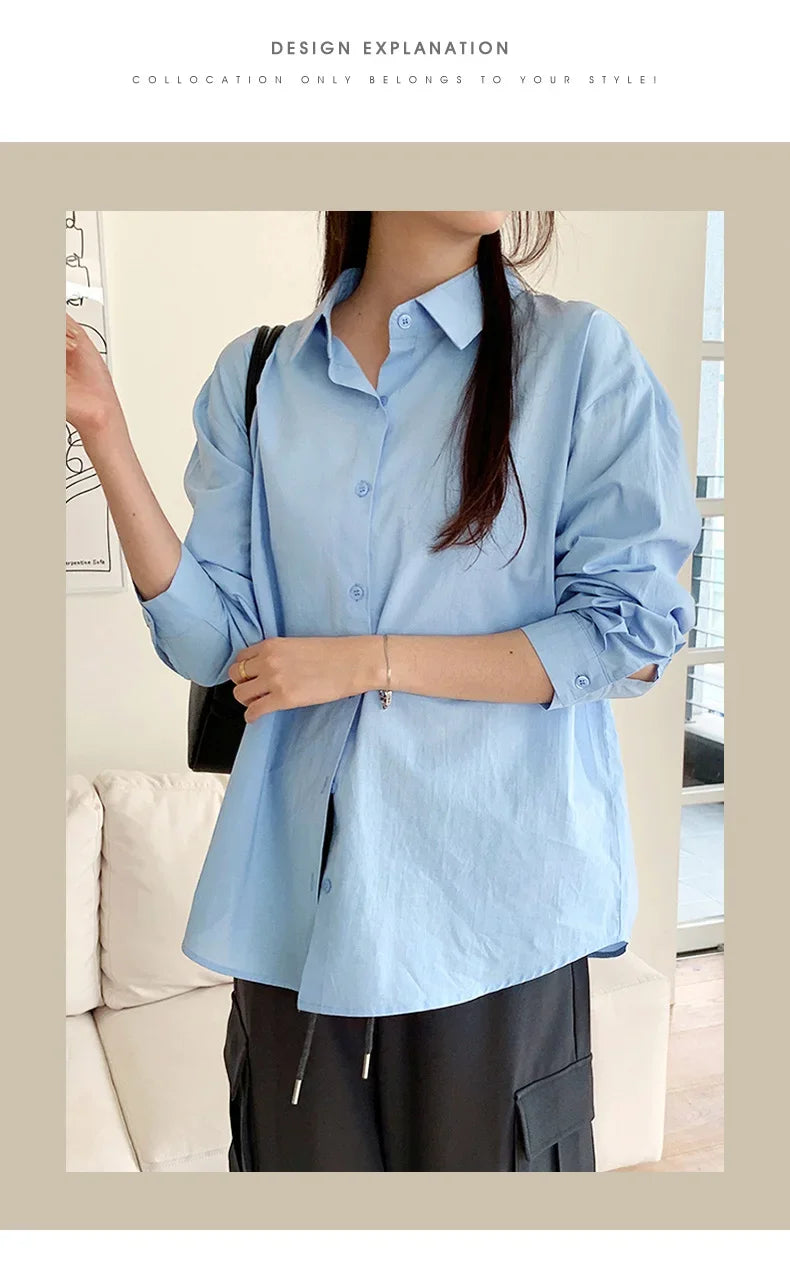 Women's Casual Loose Fit Long Sleeve Lapel Shirt 100 Percent Cotton Pure Color Versatile Layering Top for Spring and Autumn
