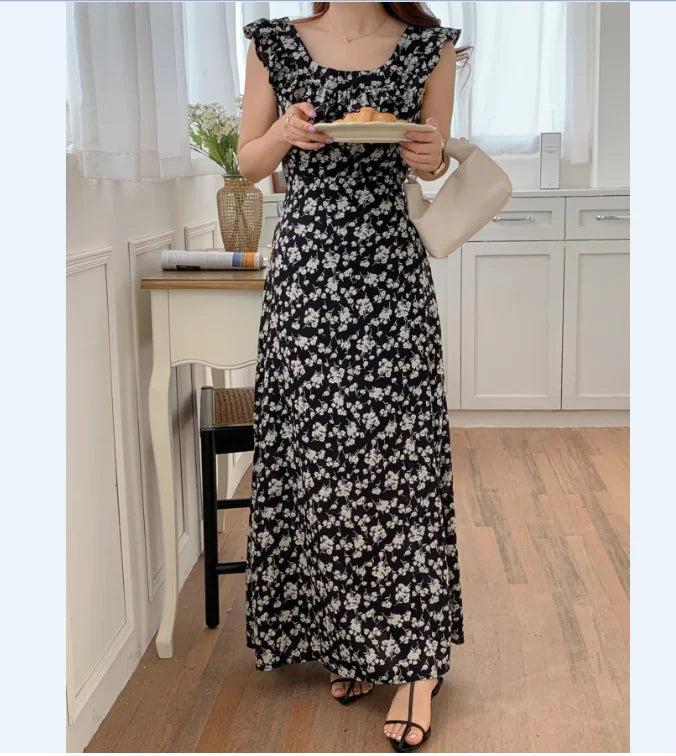 Floral Print Sleeveless Maxi Dress Black Vintage Style