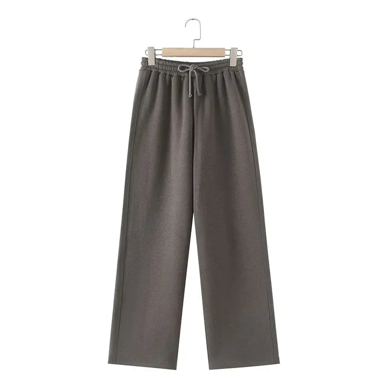 Solid Hoodie Top and Wide Leg Long Pant Set for Women with Elastic Waist and Chic Lace-Up Design