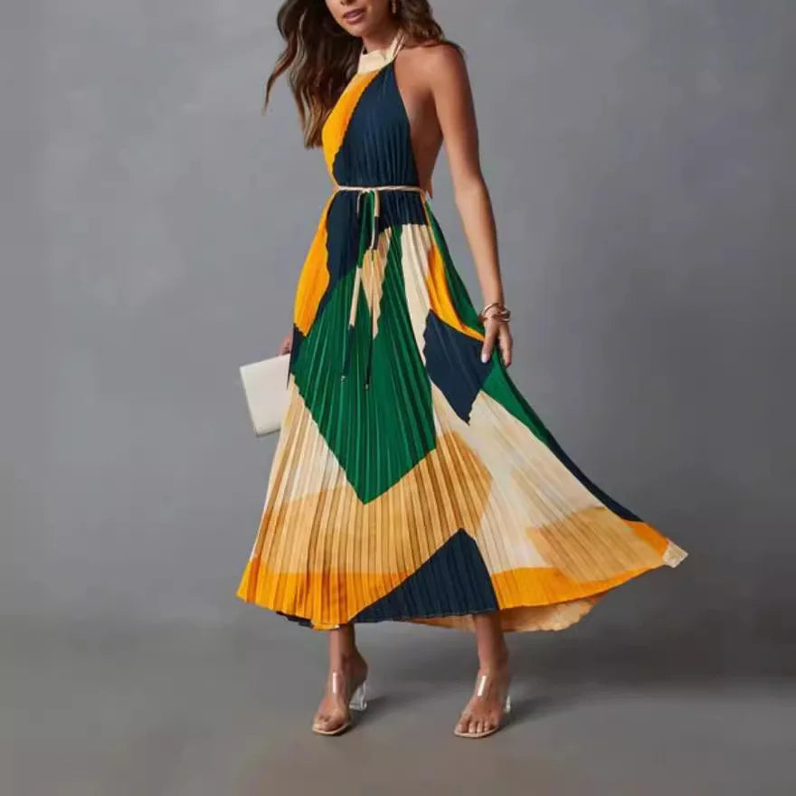 Elegant Backless Pleated Printed Dress For Summer Women