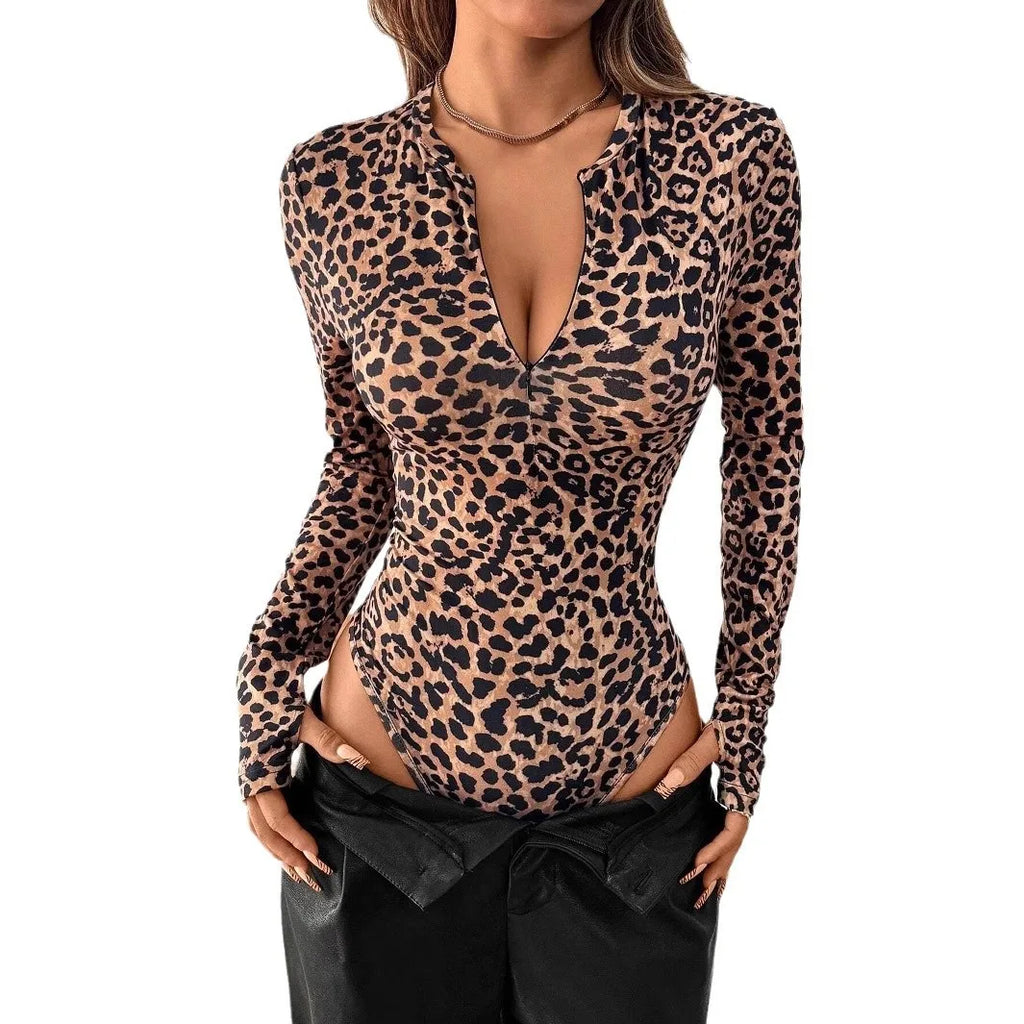 Sexy Leopard Print Long Sleeve V Neck Jumpsuit Shorts with Front Zipper Closure