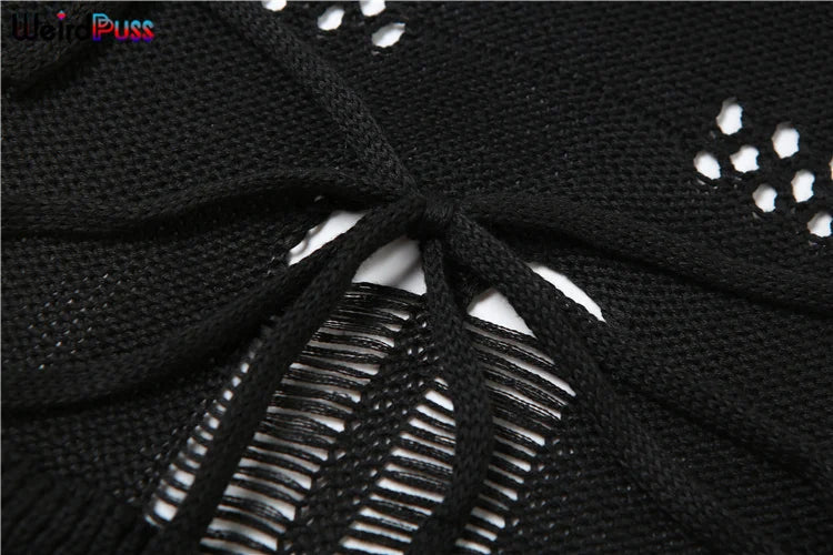 Weird Puss Bandage Knit Halter Jumpsuit with Gloves Women Stretch Sexy Backless Hollow Skinny Street Style Stacked Workout Overalls