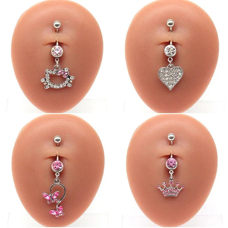 Sweet Butterfly Crown Heart Drop Belly Button Ring with Pink White Crystal Stone Dangle for Women