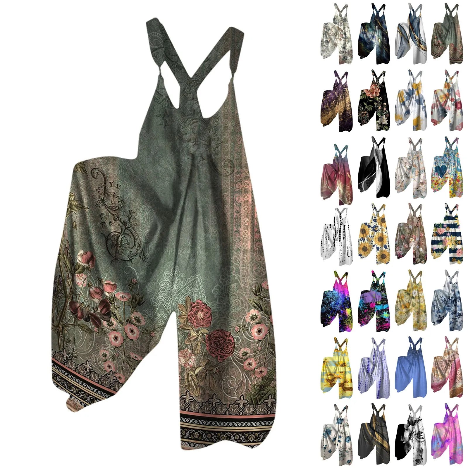 Wide Leg Sleeveless Overalls for Women Casual Loose Fit Jumpsuit with Retro Print Metal Buttons Long Pants Romper with Functional Pockets