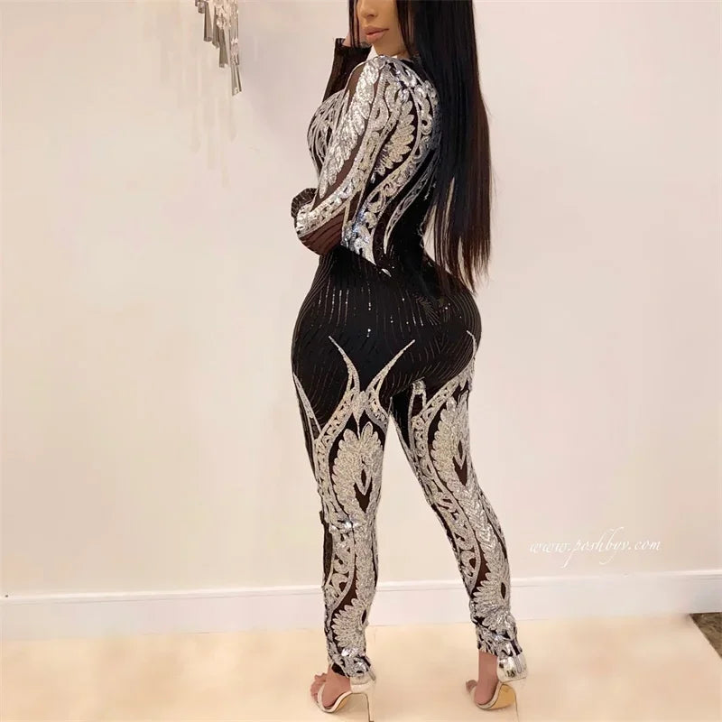 Sexy Sheer Mesh Patterned Jumpsuit for Women Slim Fit Pencil Trousers Romper One-Piece Party Clubwear Night Out Pants