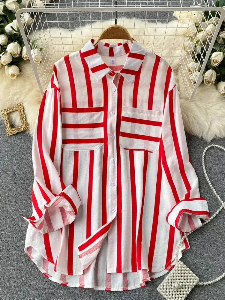 Elegant Medium Length Vertical Stripe Shirt Jacket for Women Casual Loose Fitting Korean Style Blouse