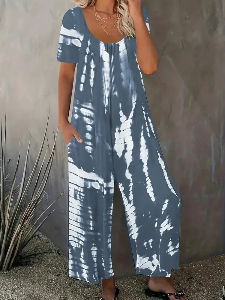 Plus Size Women Summer Jumpsuit Allover Print Wide Leg Short Sleeve Round Neck Relaxed Fit with Pockets Comfortable Casual Outfit