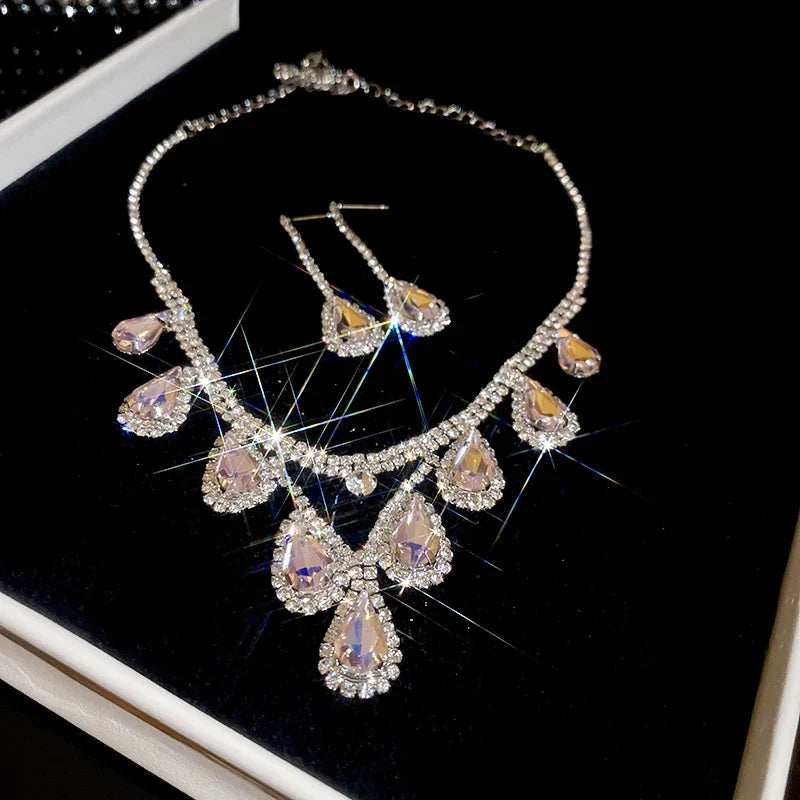 Large Water Drop Rhinestone Necklace and Earrings Set for Women Bridal Wedding Party Jewelry