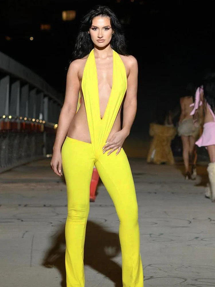 Backless Irregular Hollow Bandage Jumpsuit for Women Deep V-Neck Halter Skinny Stretch Sexy Hipster Streetwear