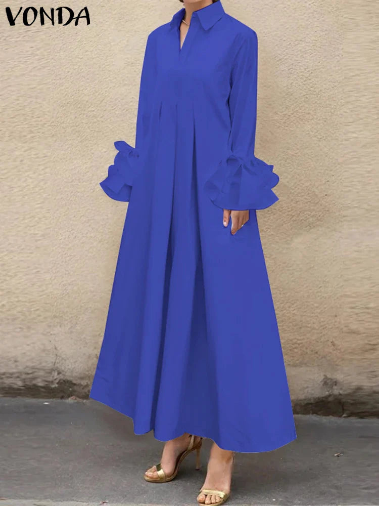 Bohemian Maxi Shirt Dress With Ruffle Pleats Long Sleeve