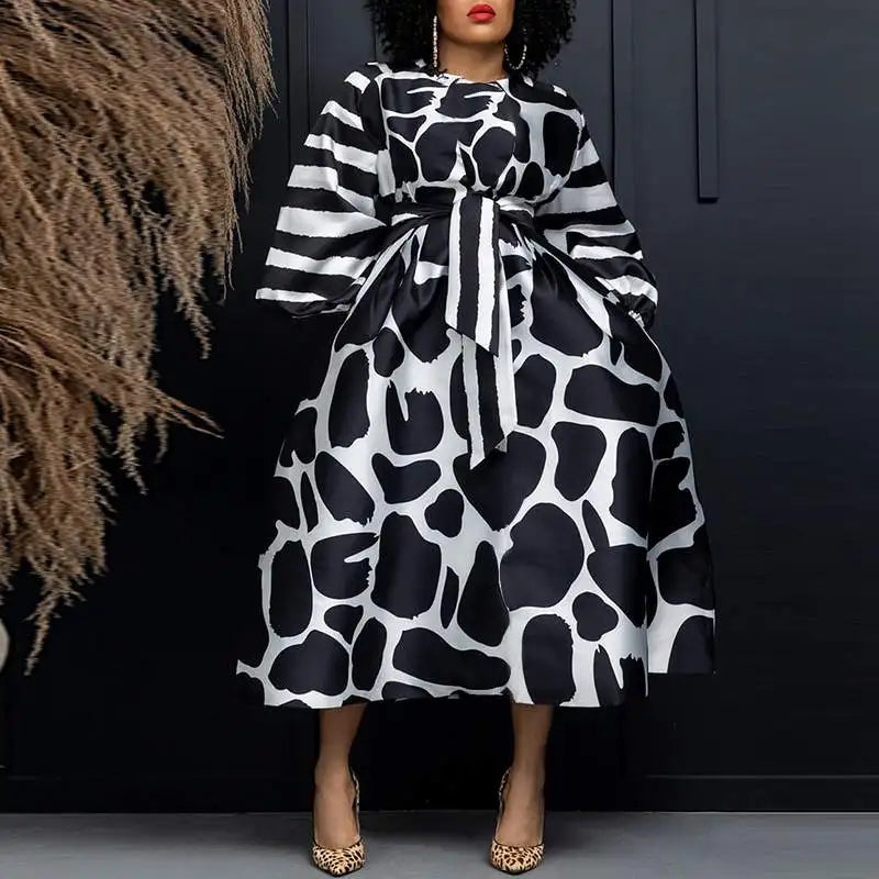 Satin Silk Long Sleeve Belted Party Dress for Summer