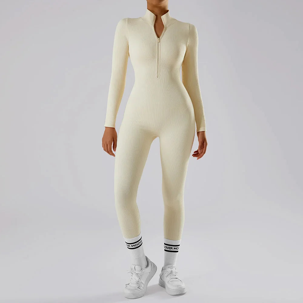 Women's Bodycon Jumpsuit Casual Fitness Rompers with Zipper Slim Fit Bodysuit Streetwear Activewear for Autumn and Winter